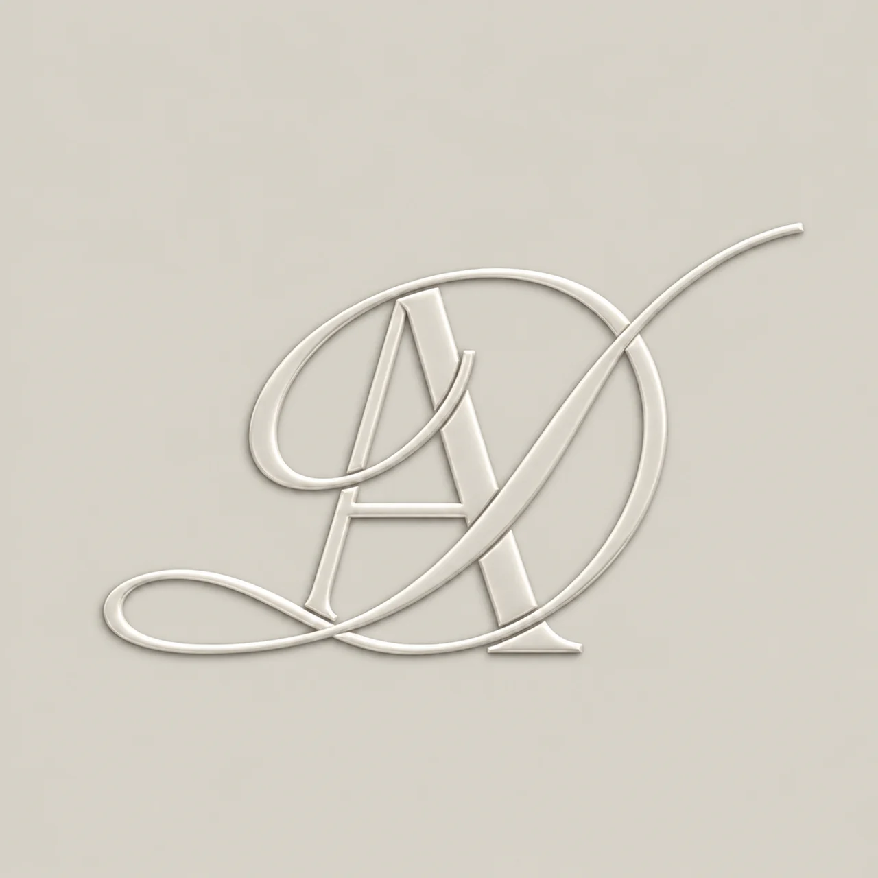 Ivory embossed Doll Aesthetics monogram on a greige background